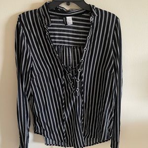 Black and white tie front blouse
